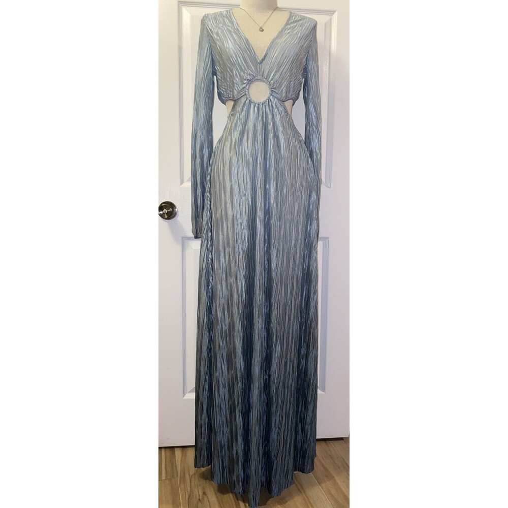 FOREVER 21 BlueMetallic Pleated Ring Cutout V-Neck Maxi Dress XL